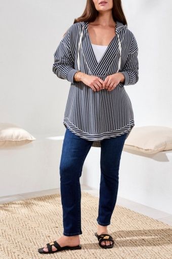 L/S HOODED TOP W/CURVED HEM-CREAM, Size: XS