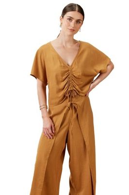 SHORT SLEEVE RUCHED DRAWSTRING LINEN BLOUSE
