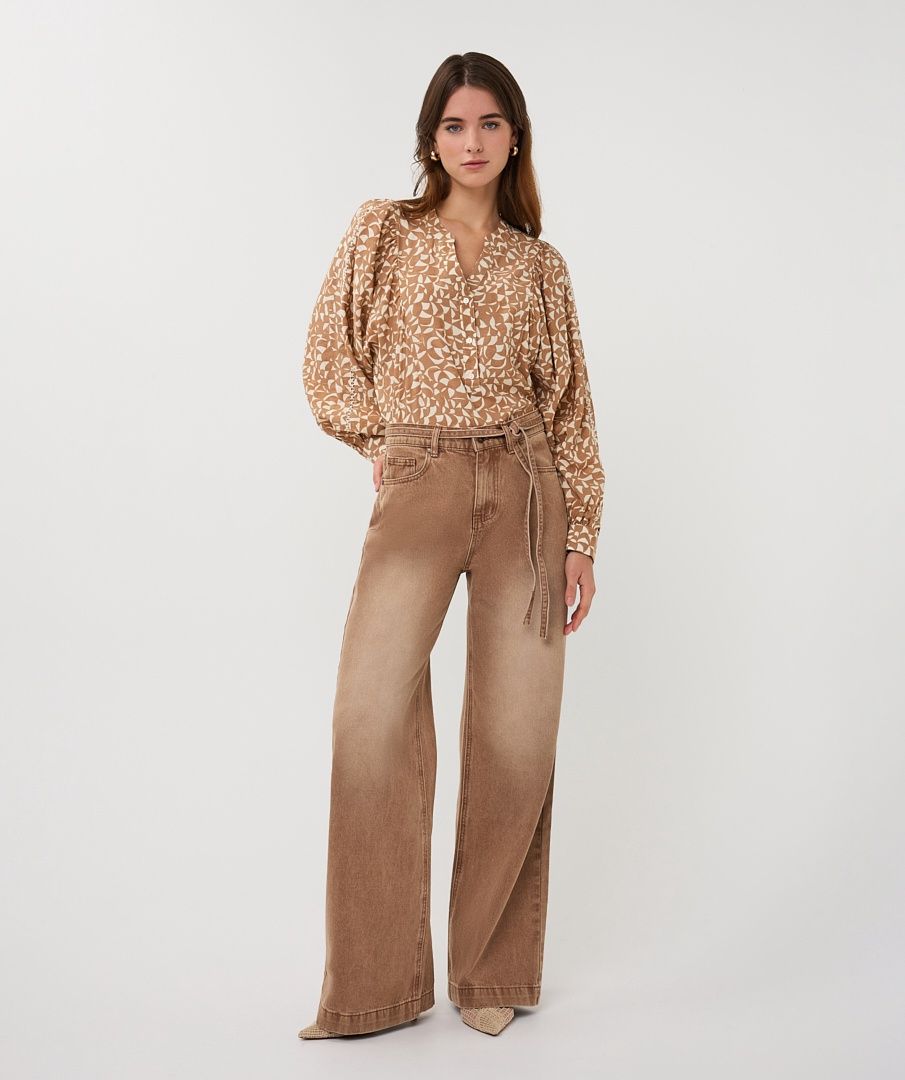 Print Top with Crochet Sleeve