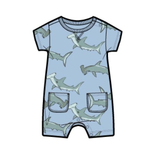 DOUBLE POCKET BABY ROMPER, Color: HUNGRY HAMMERHEADS, Size: 3_6