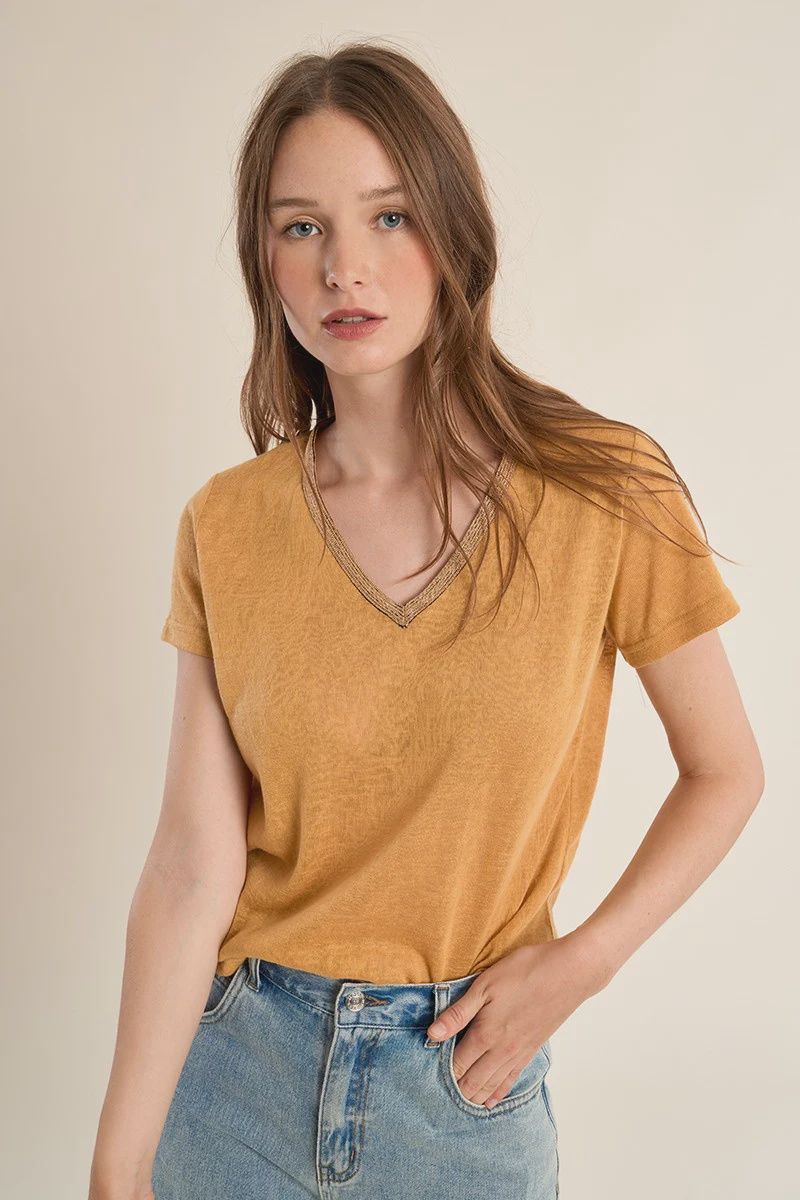 Gold Trim V Neck - Yellow