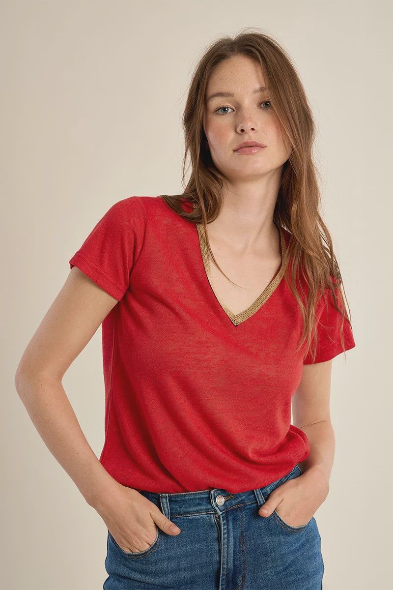 Gold Trim V Neck - Red