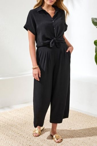 FLOWY CROP PANT W/ BK ELASTIC WB-BLACK, Color: BLACK, Size: XS
