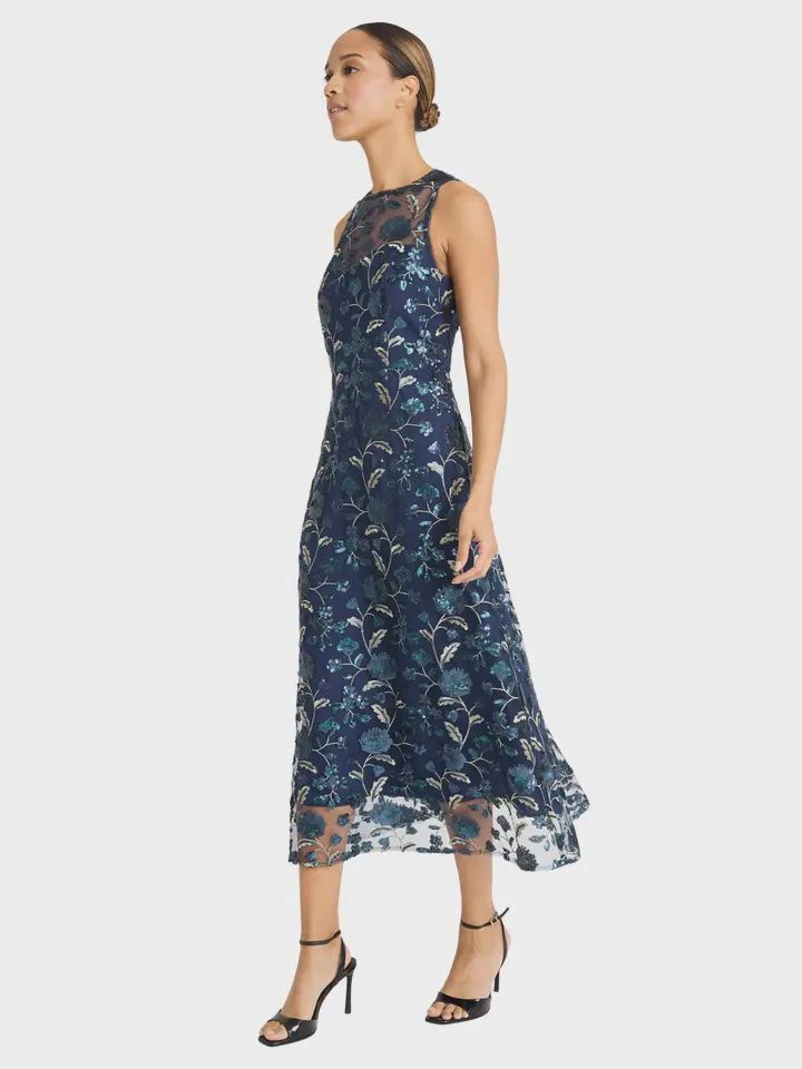 Navy Floral Sequin Midi Dress