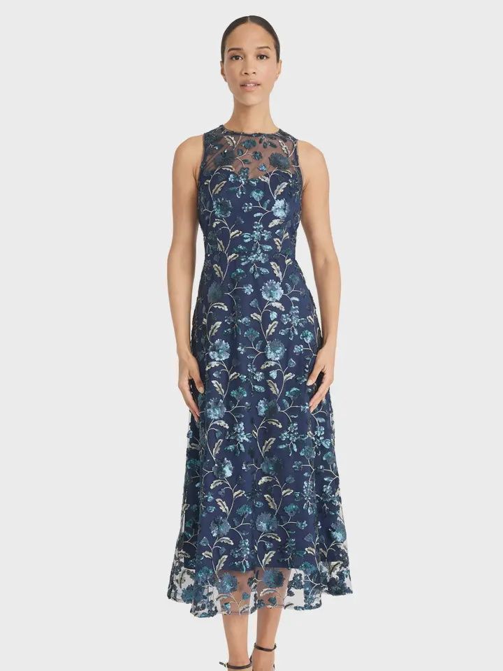 Navy Floral Sequin Midi Dress