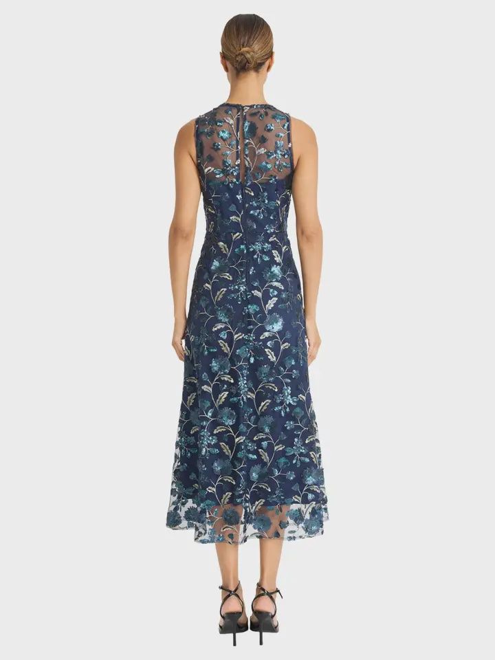 Navy Floral Sequin Midi Dress