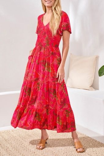 RUCHED-TOP SHORT SLEEVE MAXI DRESS-SANGRIA, Size: XXS