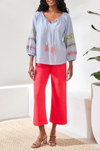 RAGLAN SLV BLOUSE W/ EMBROIDERY-BAJA BLUE, Size: XS