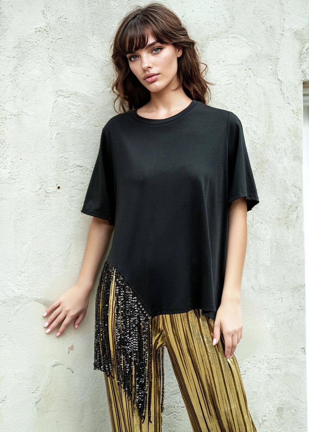 Asymmetrical Sequin Beaded Tassel Tee: Black / One size