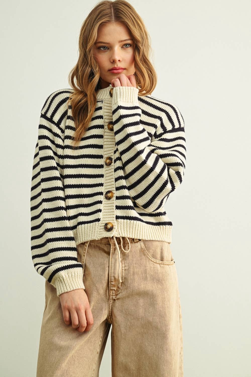 STRIPED PATTERN BUTTON FRONT KNITTED CARDIGAN