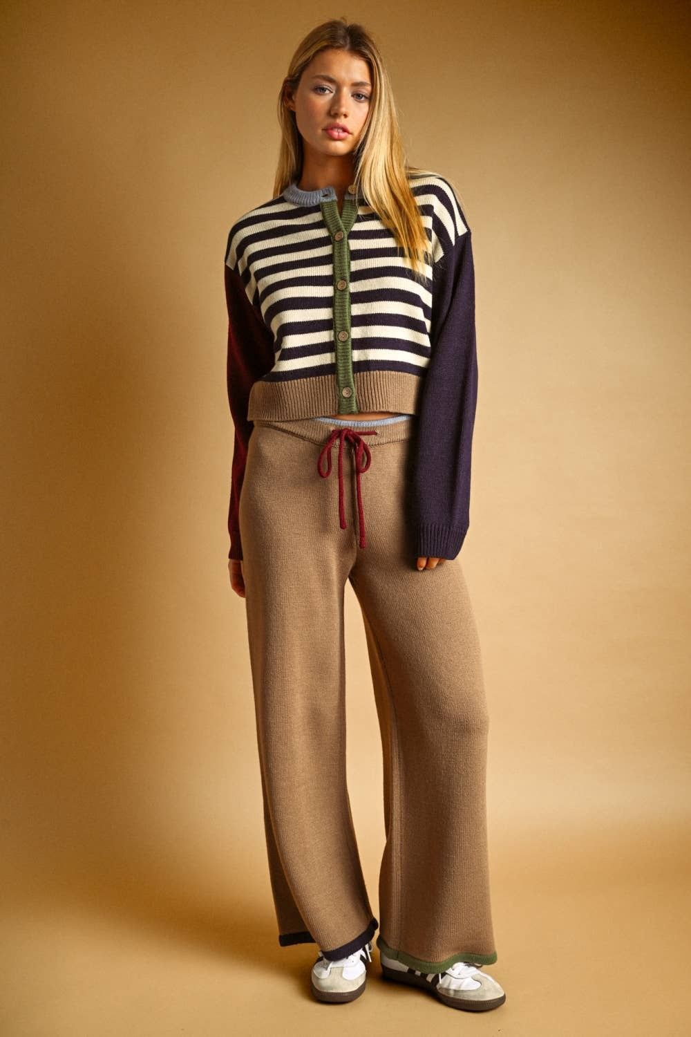 STRIPE AND MIX PATTERN BUTTON FRONT CARDIGAN