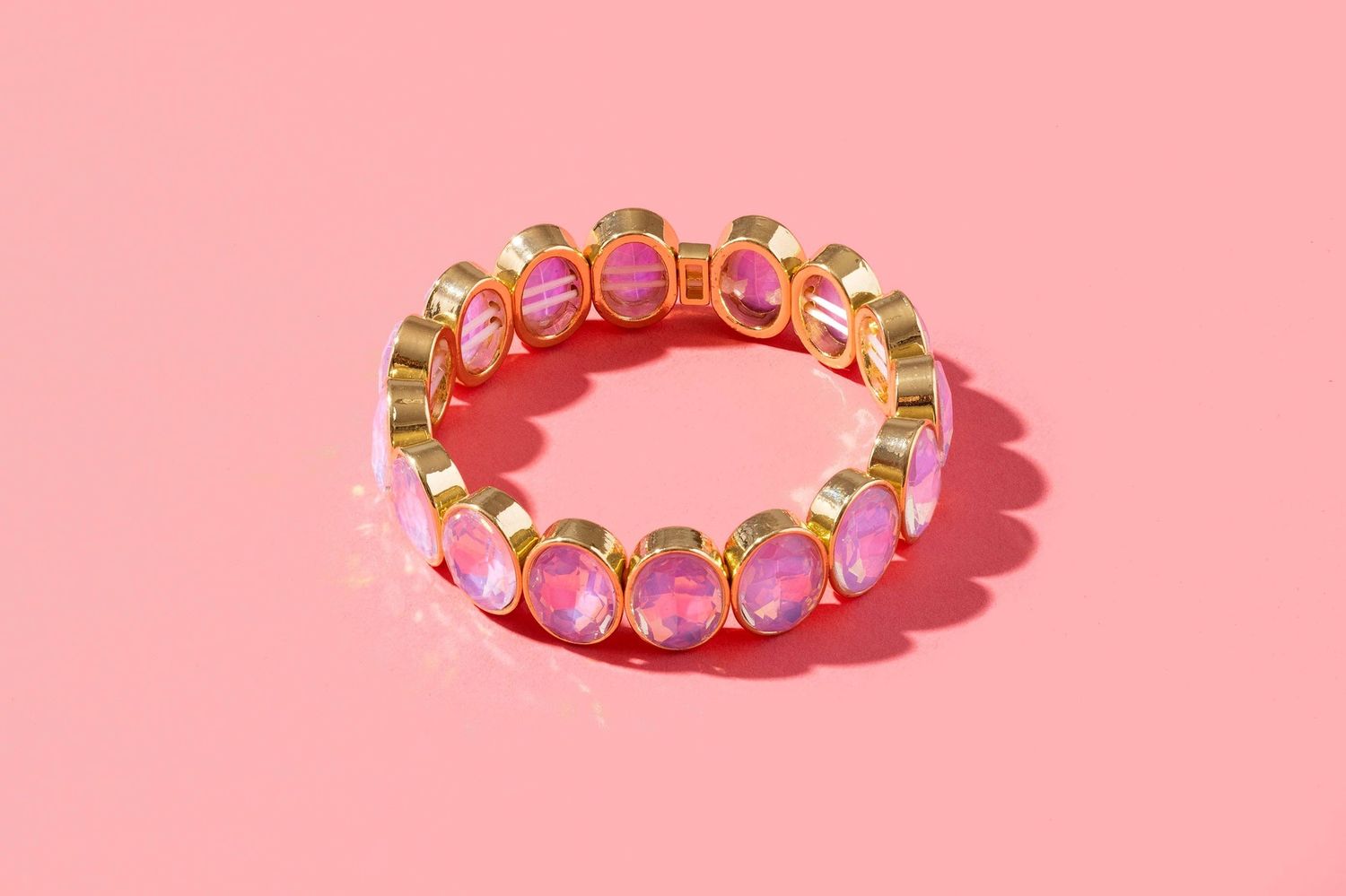 Enamel Stretch Bracelet: Gold w/ Pink Large Oval Stones