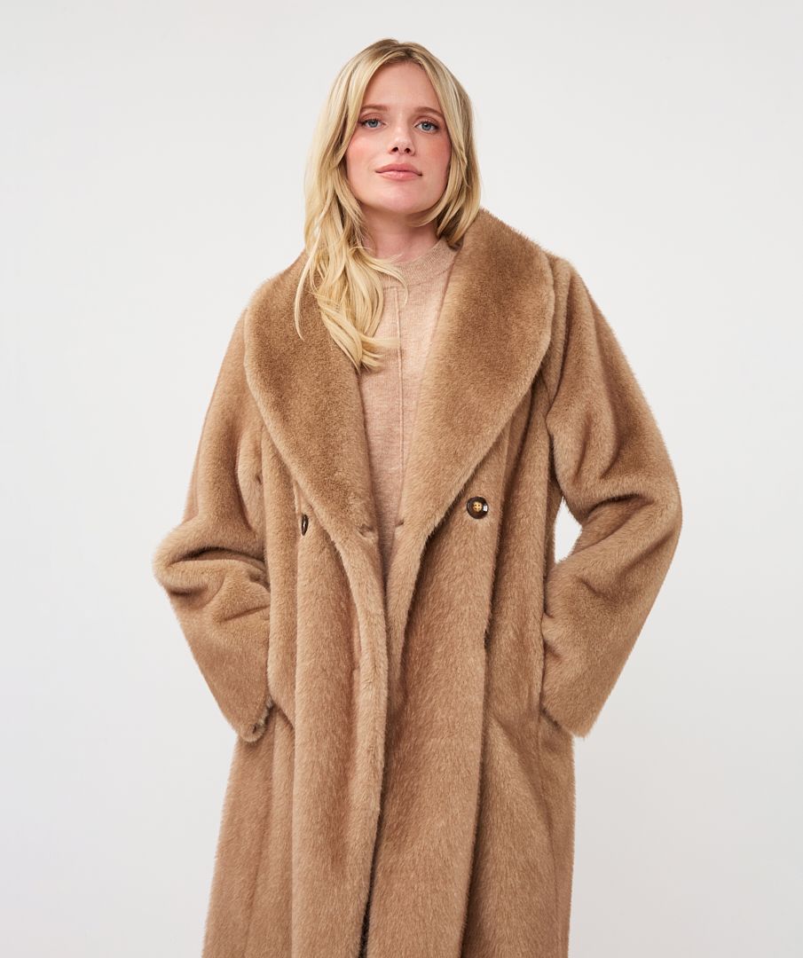 Coat long two tone fake fur bonded suedine