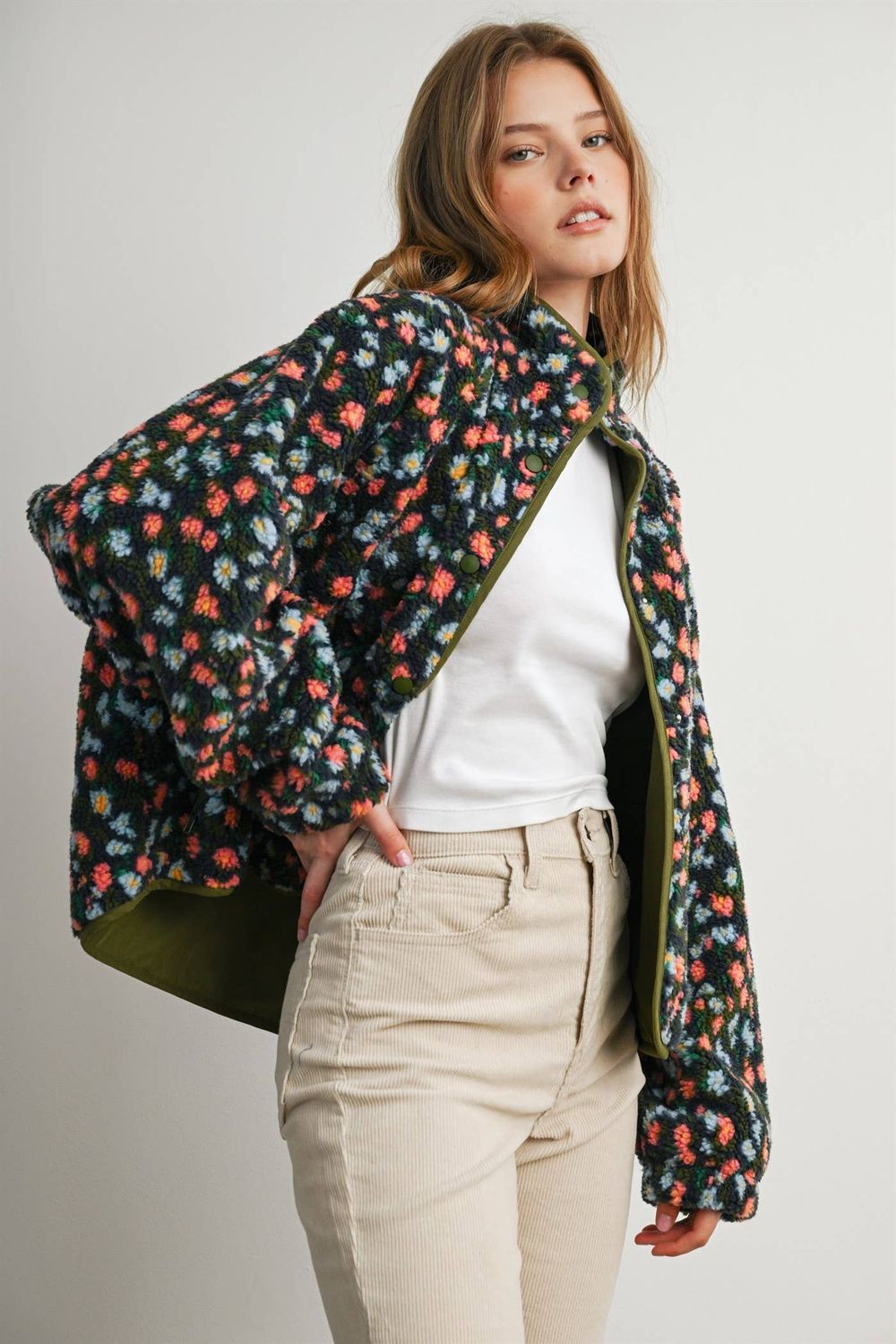 Floral Print Fleece Contrast Trim Jacket