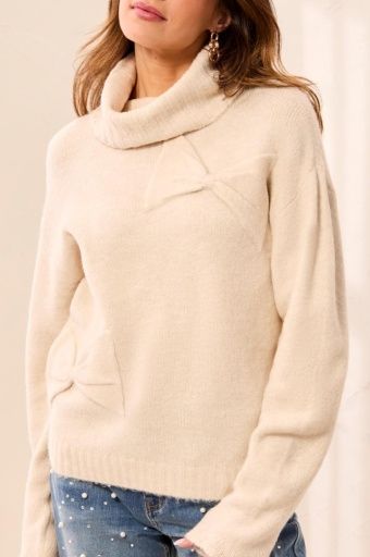 T-NECK BOW DTL SWEATER -CREAM, Size: XS