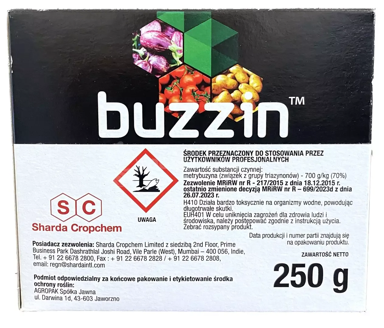 Buzzin 70WG 0,25kg SHARDA metrybuzyna chwasty ziemniak, pomidor, oberżyna, zwalcza chwastnicę, jasnota, komosa, przetacznik, rdest