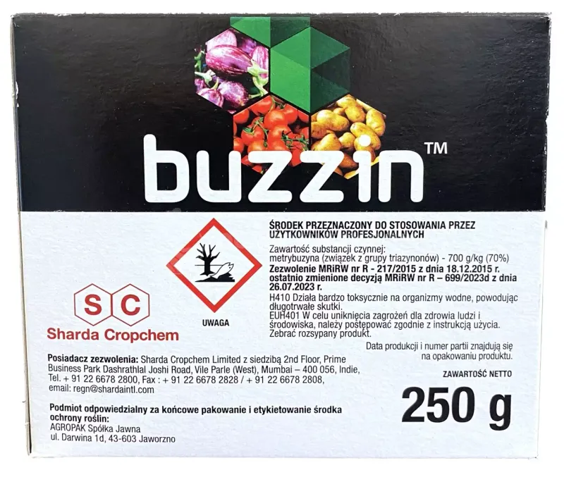 Buzzin 70WG 0,25kg SHARDA metrybuzyna chwasty ziemniak, pomidor, oberżyna, zwalcza chwastnicę, jasnota, komosa, przetacznik, rdest