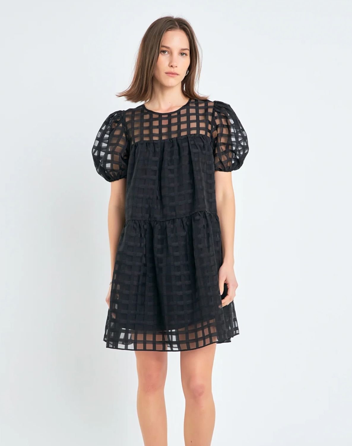 Gridded Puff Sleeve Dress