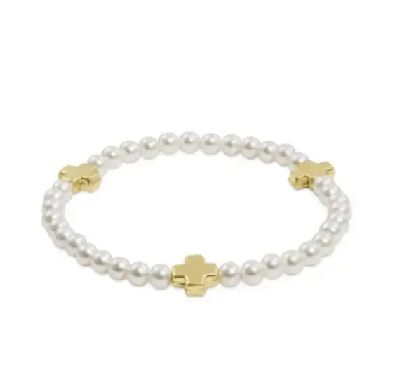 EN Signature Cross Pearl Pattern 4mm Bead Bracelet- Gold