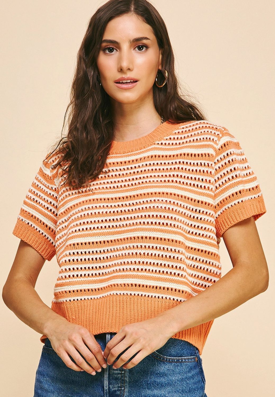 Orange Eyelet Short Sleeve Sweater