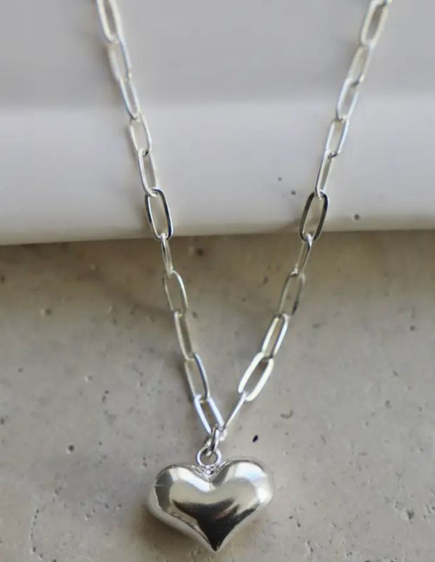 Mini Paperclip Puff Heart Necklace- Silver