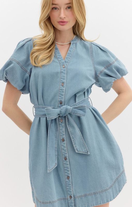 Puff Sleeved Denim Shirt Dress