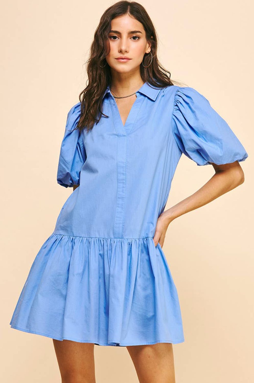 Collared Tiered Mini Dress- Urban Blue