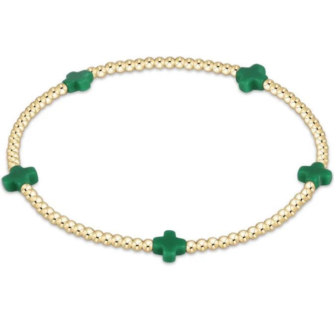 Signature Cross Small Gold Pattern 2mm Bead Bracelet- Emerald