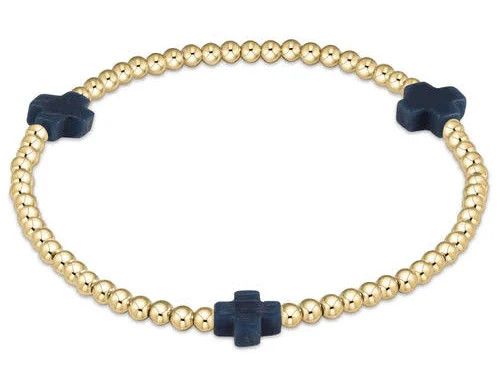 E Newton Signature Cross Gold Patten 3mm Bead Bracelet- Navy