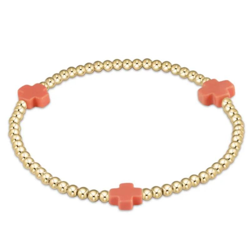 Signature Cross 3mm Gold Pattern Bead Bracelet- Coral
