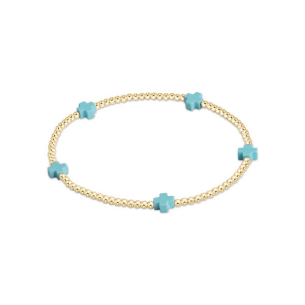 Signature Cross Small Gold Pattern 2mm Bead Bracelet- Turquoise