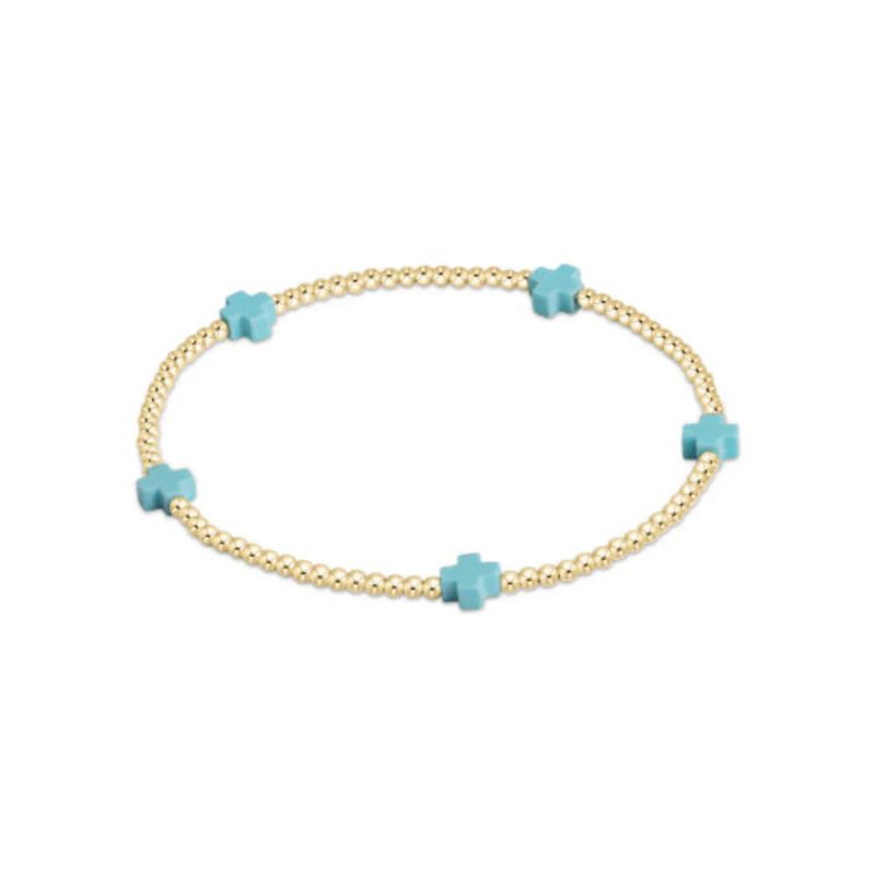 Signature Cross Small Gold Pattern 2mm Bead Bracelet- Turquoise