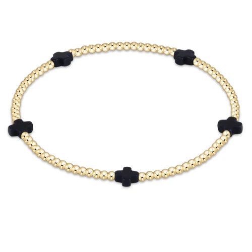 Signature Cross Small Gold Pattern 2mm Bead Bracelet- Navy