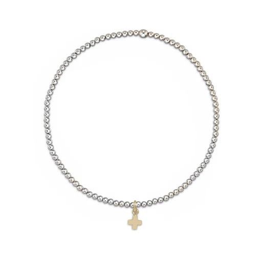 Classic Sterling Mixed Metal 2mm Bead Bracelet- Signature Cross Small Gold Charm