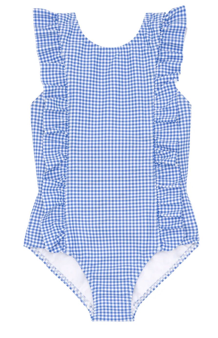 Girls Sky Blue Gingham Ruffle One Piece