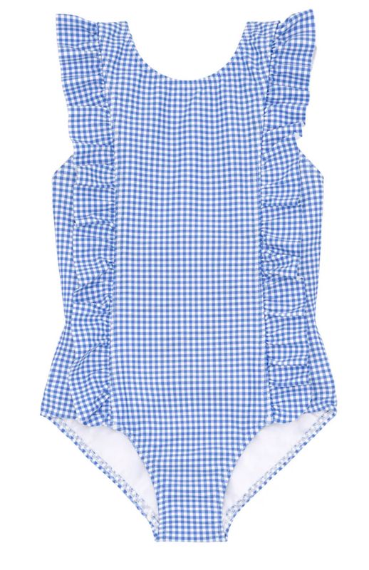 Girls Sky Blue Gingham Ruffle One Piece
