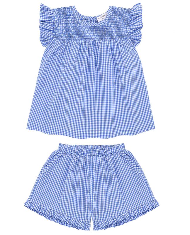 Girls Sky Blue Gingham Smocked Top and Short Set