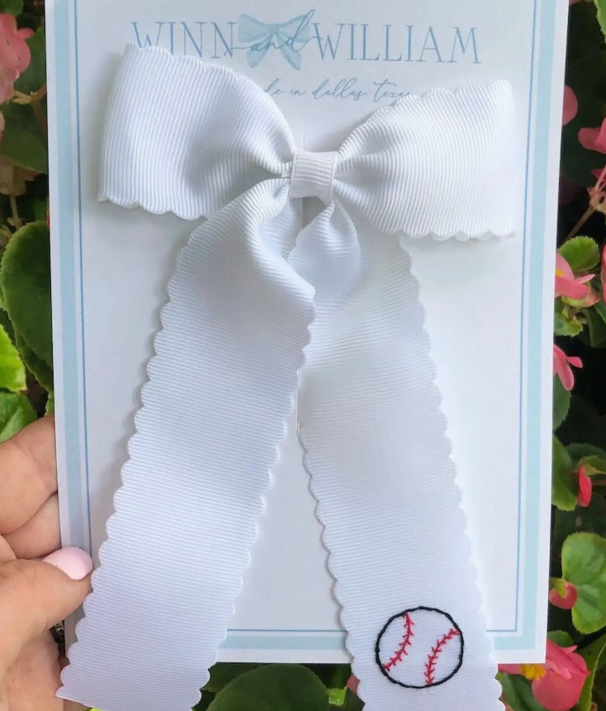 Baseball Hand-Embroidered Bow White Scalloped- Medium