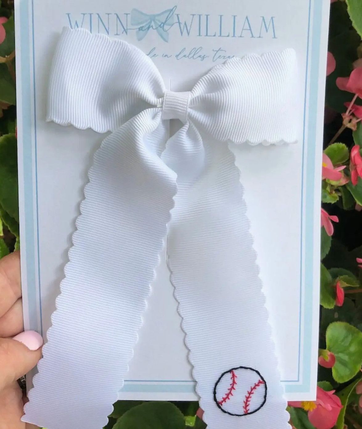 Baseball Hand-Embroidered Bow White Scalloped- Small