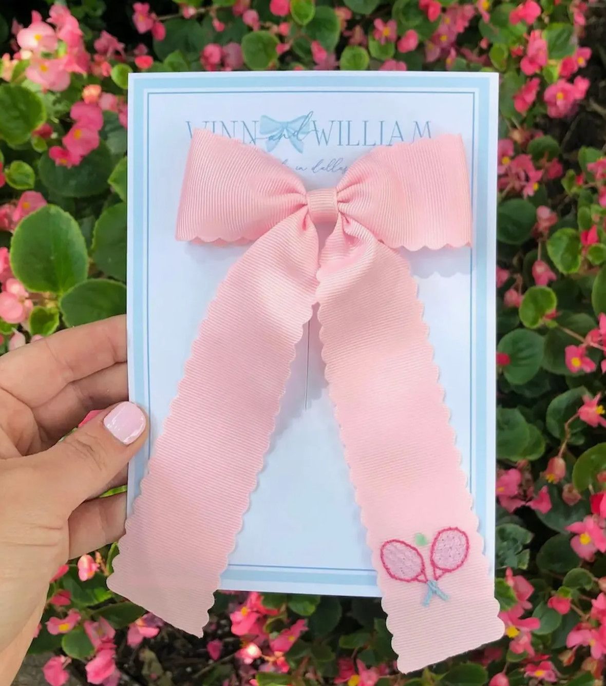 Tennis Hand Embroidered Bow- Pale Pink Scallop/Small