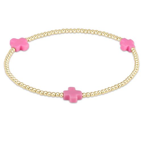 Signature Cross Small Gold Pattern 2mm Bead Bracelet- Bright Pink