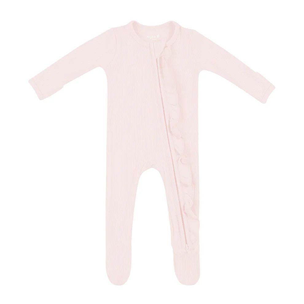 Ribbed Ruffle Zipper Footie Blush