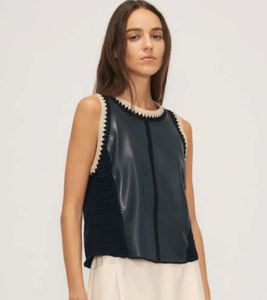 Naru Crochet &amp; Faux Leather Top- Navy