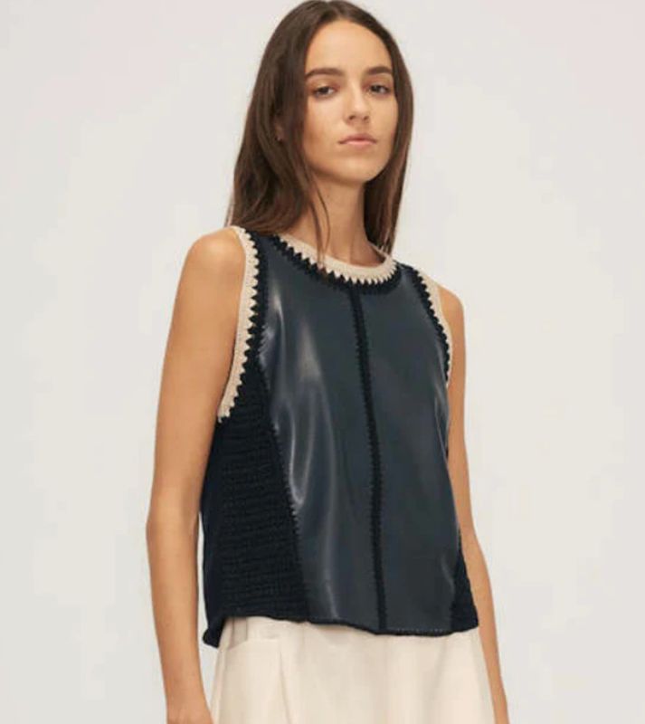 Naru Crochet &amp; Faux Leather Top- Navy
