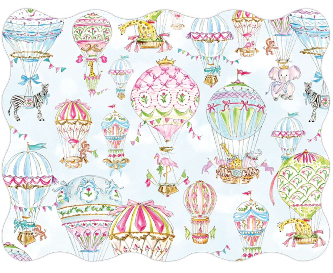 RBC Posh Die Cut Placemat Handpainted Hot Air Balloon with Animals (Wave Border)