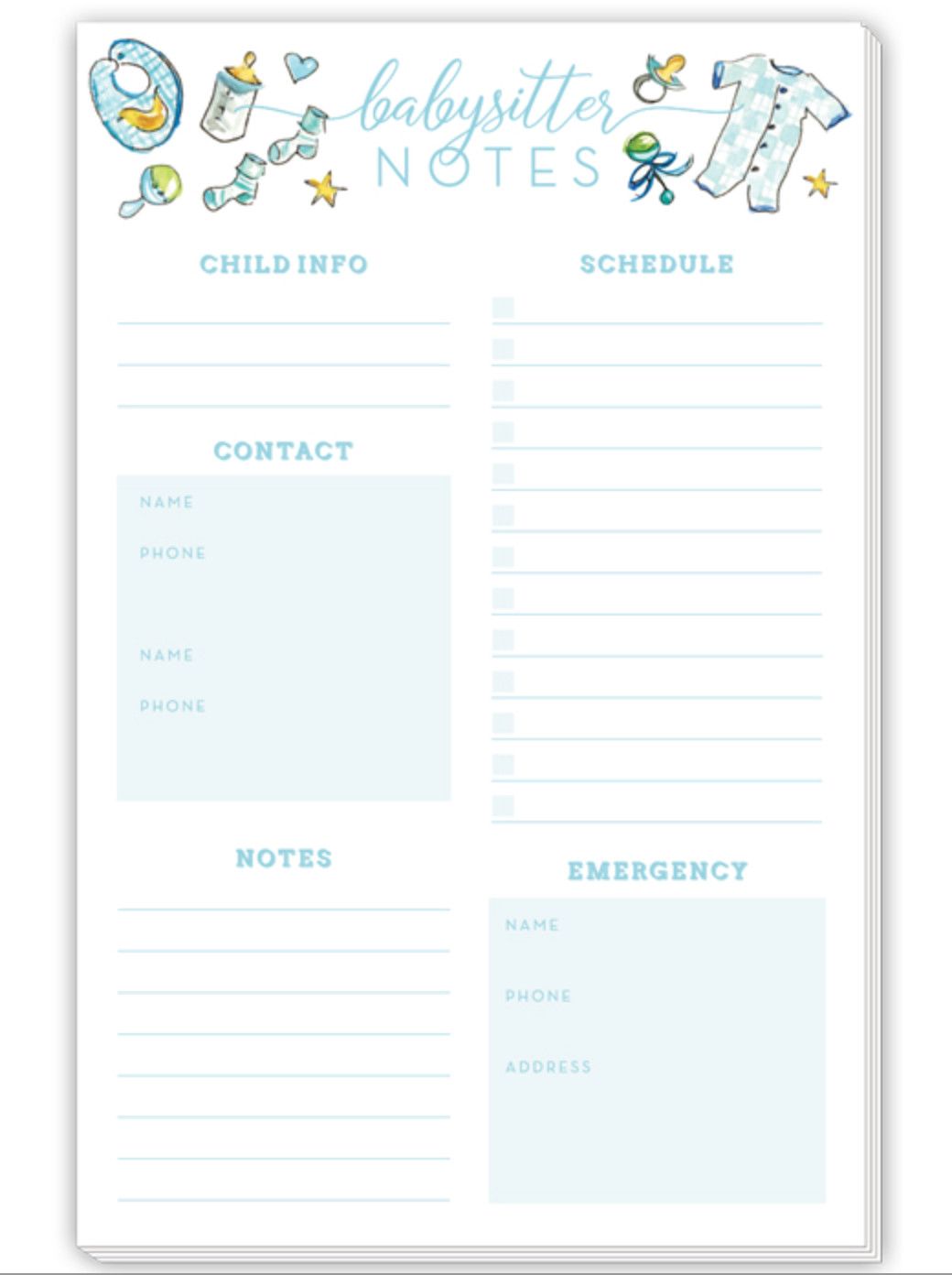 Large Notepad- Babysitter Notes Blue