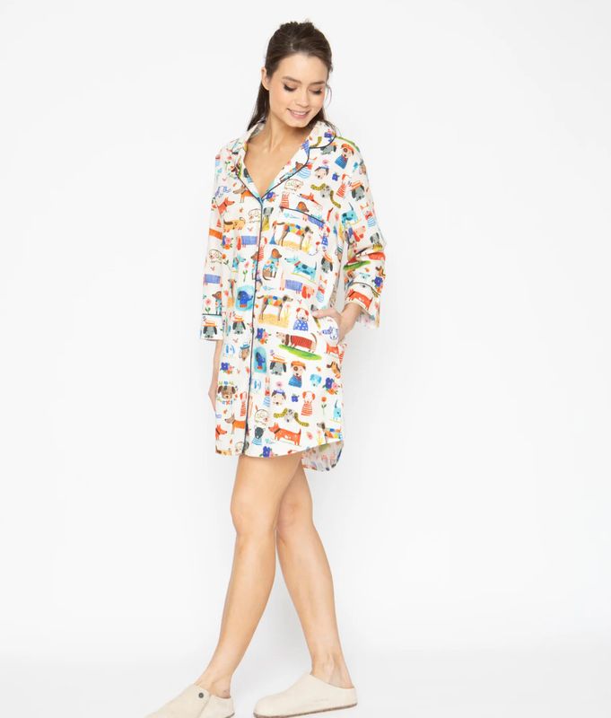 Cotton Long Shirt Pajamas - Painted Dogs - L