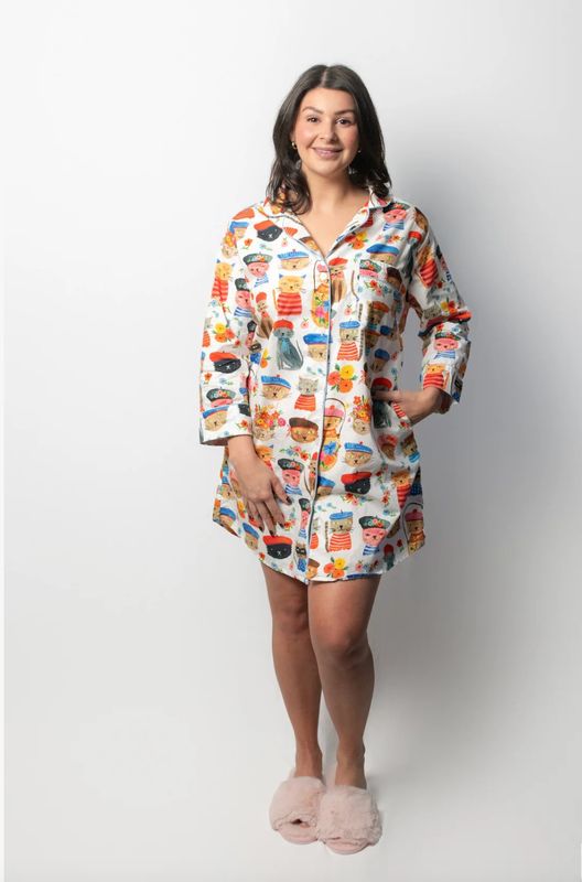 Cotton Long Shirt Pajamas - Ooh La La Cats Meow - L