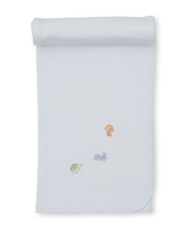 Dino Distri-Blanket w Hand Emb - Light Blue Stripe