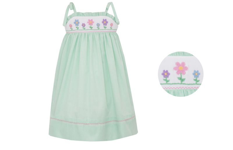 Flowers Sundress with Shoulder Ties- Green Gingham